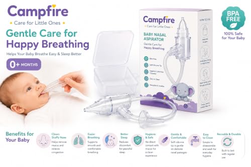 Image of Campfire Baby Nasal Aspirator for Newborn & Infants | BPA-Free Manual Nose Cleaner | Gentle Silicone Nasal Suction Device | Hygienic Mucus Remover | Reusable Easy-to-Clean Baby Nose Cleaner | 0+ Months