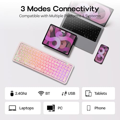 Image of MechLands X Maorbeng X100 PRO Membrane Gaming Keyboard with Number Pad, RGB Backlits, Wireless Computer Keyboard with 5000mAh Battery, BT /2.4G /USB-C Wired, 96% Layout for Windows /Mac /PC (Pink)
