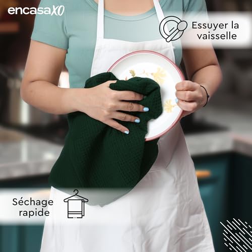 Encasa XO Torchons de Cuisine, 100% Coton Absorbant 28"x18" Vert foncé – vue 4