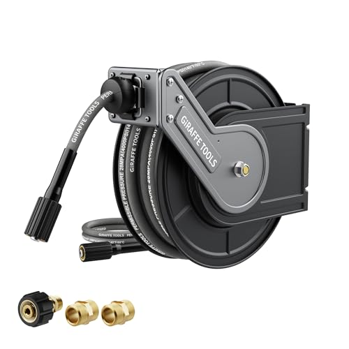 Image of Giraffe Tools 60ft Pressure Washer Hose Reel, 4000 PSI Retractable Power Washer Hose Reel, Heavy Duty Hose Reel, Auto Rewind, Wall Mounted