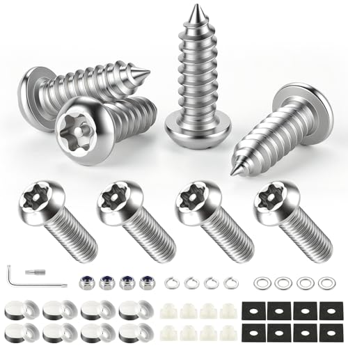 Image of LivTee Anti Theft License Plate Screws Set for Securing Frames and Covers, License Plate Bolts, M6 (1 /4 inch) Tamper Proof Screws, Fastener Nut, Caps Cover for Front Rear Frame Holder Mounting - Silver