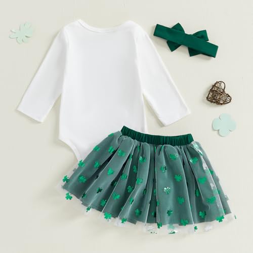 Adobabirl Baby Girl St. Patricks Day Outfit Newborn Lucky Romper Clover Layered Tulle Skirts Headband Set Irish Baby Clothes3