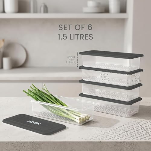 Image of MILTON Cryo Fridge Storage Boxes Set of 6 Fridge Organizer Container with Waterproof Vinyl Stickers & Removable Drain Plate, Lid|Stackable Box, Plastic Containers 1500 ml|Fish, Vegetables, Fruits|Grey