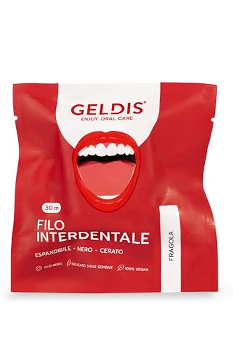 GELDIS Filo Interdentale Espandibile Nero, Gusto Fragola, Rimuove Placca in Profondità, Con Cera Vegetale, Per Gengive Sensibili, 30m Senza Plastica