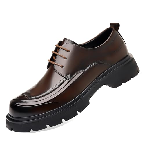 Men's Genuine Leather Platform Oxfords Fashion Round Toe Lace Up Chunky Heel Non-Slip Lug Sole Soft Bottom Business Formal Derby Dress Shoes for Wedding Work Office