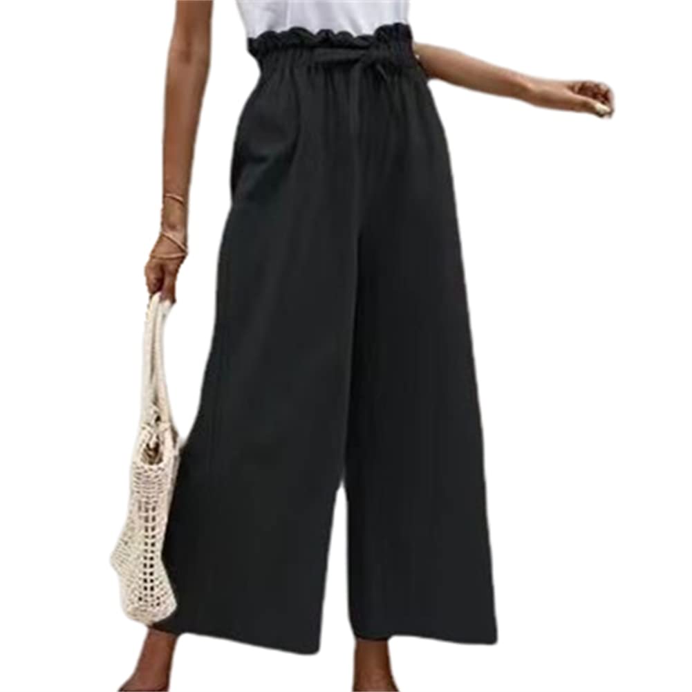 HOULENGS Womens Casual High Waist Cropped Trousers Bow Tie Elastic Wide Leg Pants