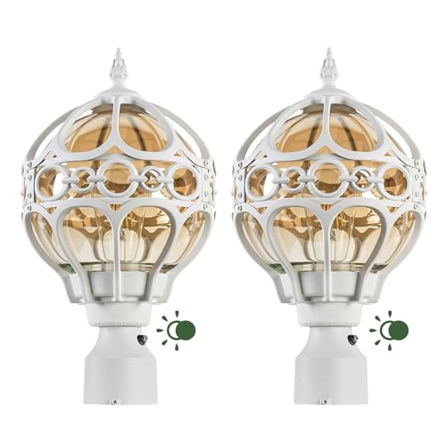 Dusk to Dawn Outdoor Post Light for Porch Yard Lawn Driveway, White Globe Aluminum Lamp Post Lights, Waterproof Outside Pier Mount Post Light Fixture, Sphere Rust-Proof Exterior Pillar Light(2 Pack)