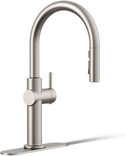 KOHLER 22974-WB-CP Crue - Grifo de cocina sin contacto y activado por voz con pulverizador extraíble, llave de fregadero de cocina con sensor de