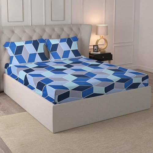 Image of LOOMLYFE 300 TC Cotton Feel Glace Cotton Elastic Fitted Printed Queen Size Double Bed Bedsheet with 2 Pillow Covers Fits Upto 8 inches,Size- 60x78x10 Inches, Blue Rectangle
