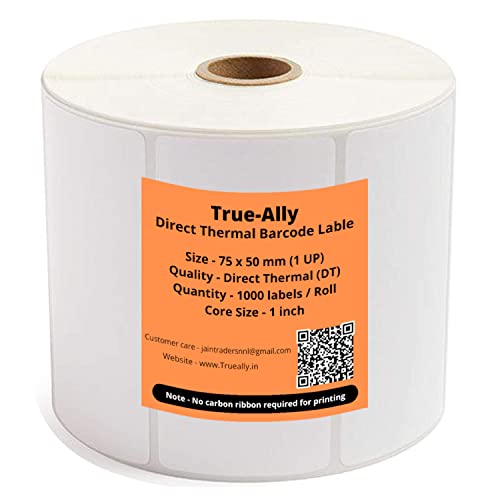 Image of True-Ally 75x50 Direct Thermal (DT) Barcode Label Sticker - 3 x 2 inches - 75mm x 50mm - 1000 Labels Per Roll - White Self Adhesive Sticker for Printing Barcoding (1 Roll Per Pack(1000 Labels))