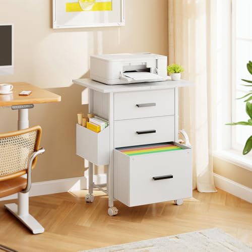 Rollcontainer, Aktenschrank, mit 3 Schubladen und Rollen, für Dokumente in DIN A4, Letter-Format, Druckerständer mit Einer Tischbreite von 56 cm, Industrie-Design, Weiß
