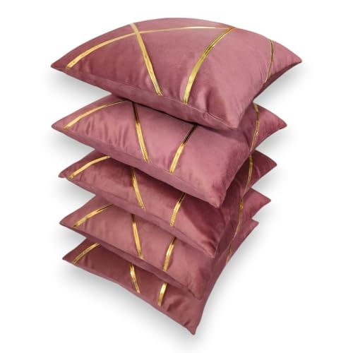 Image of Zikrak Besur Gold Stripe On Velvet|Pack of 5 Cushion Cover|for Home Decoration|Living Room Decor|Hotel Premeuim Qulaity Cushion Cover|Exclusive ON Amazon (Dusty-Pink, 24 X 24 INCH(60 X 60 CM))