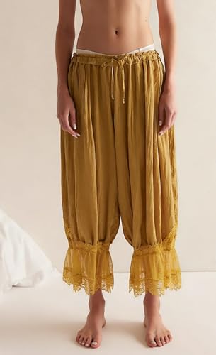 Image of NUFIWI Women Ruffle Long Bloomer Y2k Lace Trim Pettipants Pantaloons Mid Rise Cropped Pajama Pants Under Dress Slips