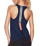Women's Cute Active Tank Workout Sports Shirt with Sparkle Band Tie Knot Back Tops (Navy, Large)