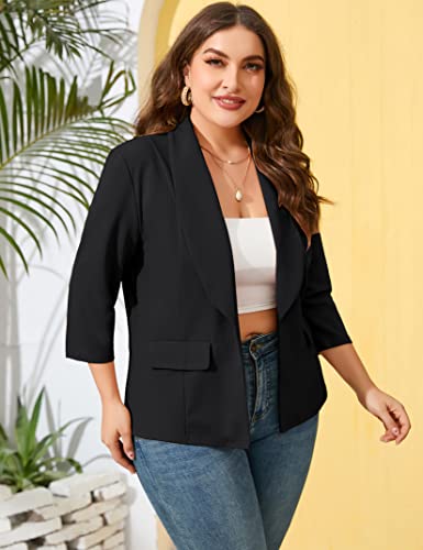 ShopWonder Womens Plus Size Casual Pocketed Blazer Office Open Front 3/4 Sleeve Cardigans Jacket Work Suit2