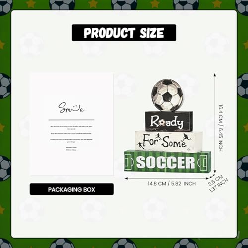Smile Soccer Wooden Block Decor Set, 4-Piece Ready For Some Soccer Blocks & Soccer Ball Tiered Tray Tabletop Signs for Game Day & Sports Party Decorations