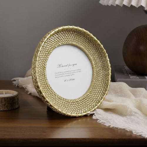 Vintage Gold Picture Frame 6x6, Gold Rattan Textured Hand-Crafted Resin Photo Frame with Glass Front, Antique Round Frame for Tabletop Display & Wall Display, Retro Design Home Decor
