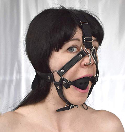 Fieser Nasenhaken am BDSM Kopf-Geschirr mit Silikon Gag-Ball - Bondage Mundknebel Sexspielzeug aus Kunstleder - Metall Erotik Sex Nose Hook mit Ballgag
