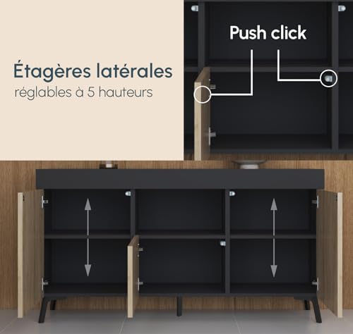Bahut Kai 3 portes 130 cm Noir/Sonoma, MB Muebles Bonitos