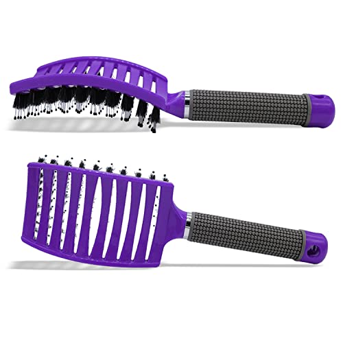 Foto von Haarbürste SAKKAL Haarstyling Bürste für Lange Feine Dicke Lockige Haare ohne Ziepen, Profi Entwirrungsbürste mit Griff, Wildschweinborsten Profi (Violett)