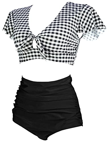 COCOSHIP Gray White Gingham Check & Black Women High Rise Ruched Bikini Set Tie Front Short Sleeve Top Ruffle Bath Swimwsuit 4 - Image 3