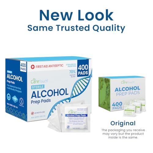 Image of Care Touch Alcohol Prep Pads - 400 Count Alcohol Wipes Individually Wrapped, 1.18x2.36 Inches - 70% Isopropyl Swabs for Home, Medical, or First Aid Kits - Sterilized 2-Ply Pads
