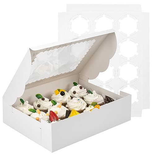 shenee Cupcake Boxes 4PCS White Cupcake Containers, 12 Count Cupcake Carrier with Windows and Inserts for Muffins Bakery Party Birthday Holiday Kraft Holders