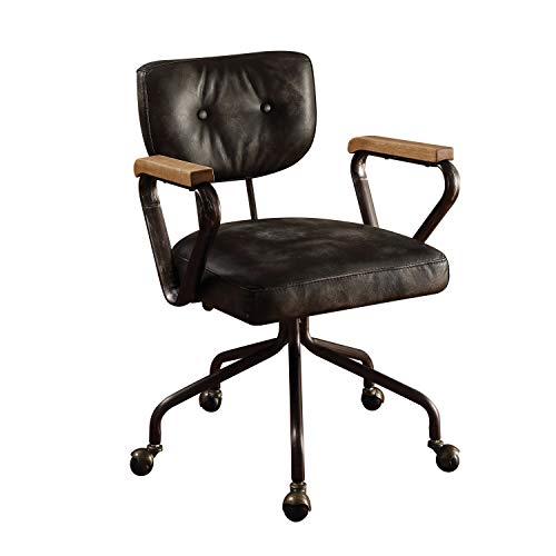 HomeRoots Leather Office Chair in Vintage Black - Top Grain Leather, Foam, Vintage