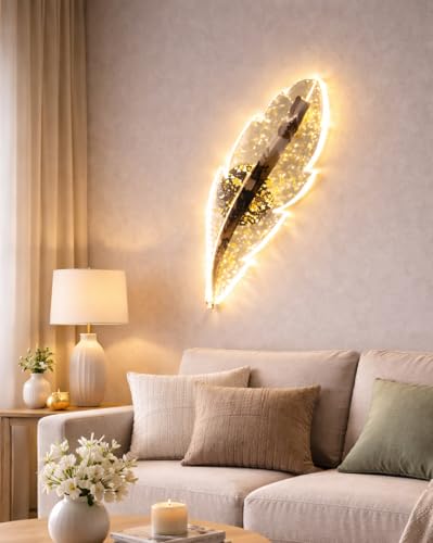 Image of SINOMAN Inbuilt LED Led Feather Wall Light Golden Leaf Design 3 Step Adjustable Color Changing Stylish Decorative Ambient Lighting Perfect for Living Room, Bedroom, Balcony, Cafe, Home Decoration