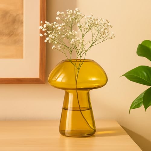 Image of ecofynd 5.5 Inches Glass Vase for Flowers Plants, Modern Decorative Vase for Home Decor Center Table, Bedroom, Living Room, Office Decoration, Wedding or Gifts, Luster Glass Vase, (GVASE015-YLW)