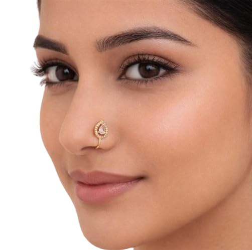 Gold-Tone Teardrop Nose Ring with CZ Halo, Traditional Indian Piercing Jewellery, Gold-Plated Brass-image-9
