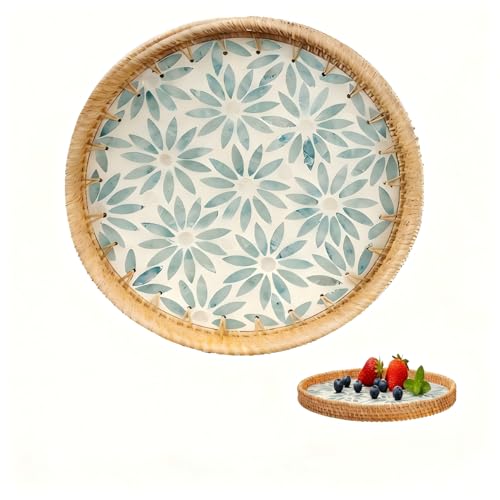 Round Rattan Serving Tray Handwoven 30cm/11.8in - Boho Decorative Tray