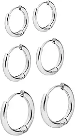 Kit Brinco Argola Cor Prata Masculino Feminino Aço Cirúrgico Inox 3 Pares Unissex Antialérgico Clique Pressão
