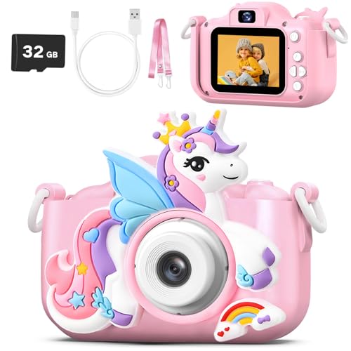 Kids Camera Toys for 3-8 Year Old Boys & Girls, 1080P HD Digital Video Toddler Camera with 32GB SD Card & Selfie Mode, Shockproof Cover Christmas Birthday Gifts for Age 3 4 5 6 7 8, Pink