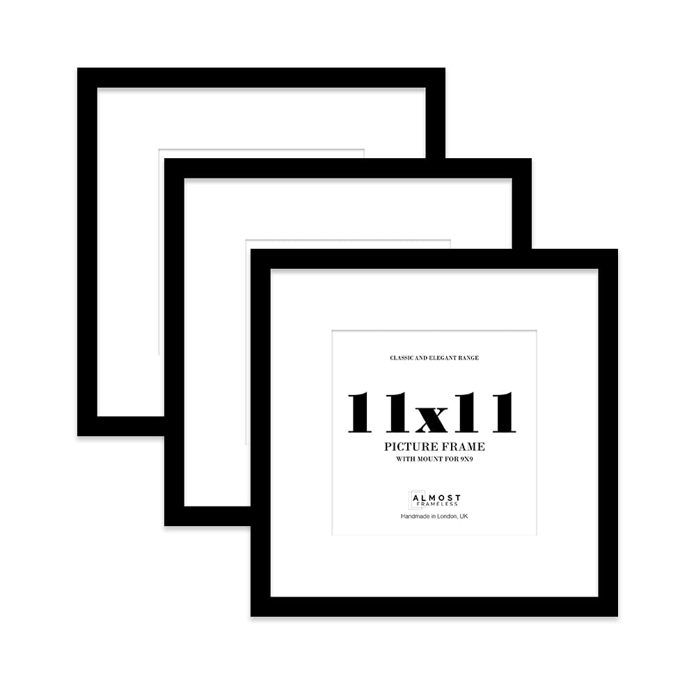 11x11 Black Picture Frame with Mount for 9x9 Photos, Prints - Modern Square Wall Frame, Set of 3