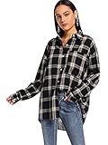 DIDK Damen Kariertes Hemd Blusen Karo Muster Overshirt mit Plaid Boyfriend Hemdbluse Karohemd Button-down Langarm Blusenshirt Freizeit Schwarz M