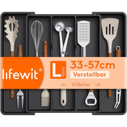 Lifewit Besteckkasten für Schubladen, Großer Utensilienständer Erweiterbar auf 45 cm, verstellbarer Kunststoff Organizer Küche Tiefe 35 cm, Besteckeinsatz für Messer/Gabel, Schwarz