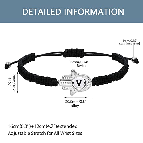 Image of Uloveido Customized A to Z 26 Letters Hand of Fatima Bracelet - Fatima Hamsa Hand Evil Eye Protection Bracelet Lucky Charm Adjustable Braided Black String
