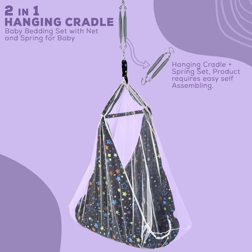 Image of BAYBEE Cotton Hanging Cradle and Swing for Baby with Bedding Set, Mosquito Net, Window Hanger, Portable Jhula Jhoola, Home Essential (Dark Blue)