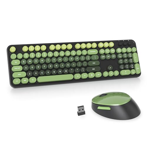 Image of Owpkeenthy Keyboard and Mouse Wireless, Cute Retro Full-Size Cordless Keyboard with Number Pad 2.4 GHz Wireless USB Receiver for Computer (Dark Green)