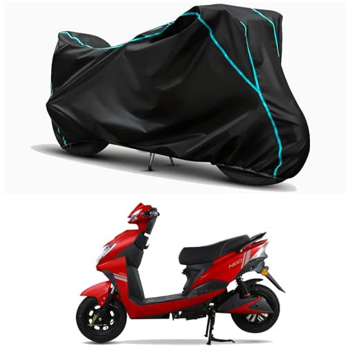 Image of Waterproof Bike Body Cover Compatible for | Techo Electra Neo | Taffeta Fabric, Sky Piping Design, Bottom Elastic Fit | Dustproof, Sun UV & Rain Protection for All Weather.