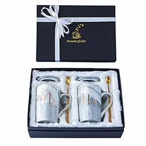 Jumway Mr and Mrs Coffee Mugs – Wedding Gifts – Mr and Mrs Mugs Set – for Bride and Groom – Gifts for Bridal Shower Engagement Wedding and Married Couples Anniversary – 14 Oz Grey