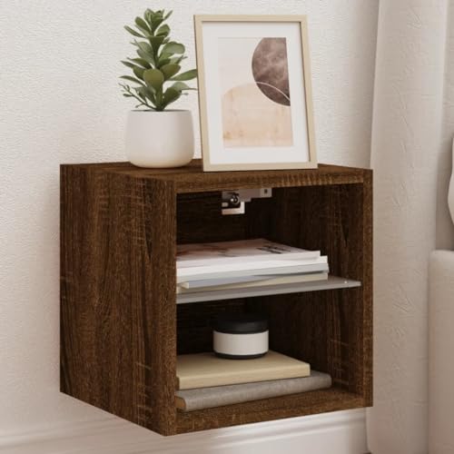 GeenYuu Meuble TV Mural chêne Marron avec lumières LED RVB, étagère en Verre 30x28,5x30 cm, Rangement pour Salon séjour, Support multimédia et Console...