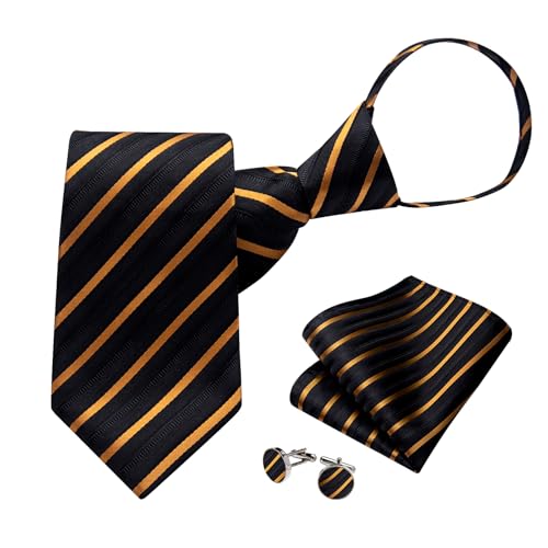 Image of DiBanGu Silk Zipper Ties for Men,Paisley Solid Plaid Pre-tied Tie and Pocket Square Cufflinks Set Formal Adjustable Necktie