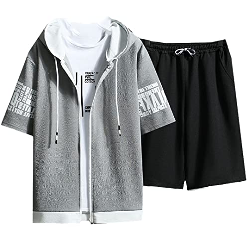 Survêtement d'été 2 pièces pour homme ensemble gris clair avec sweat à capuche zippé taille L