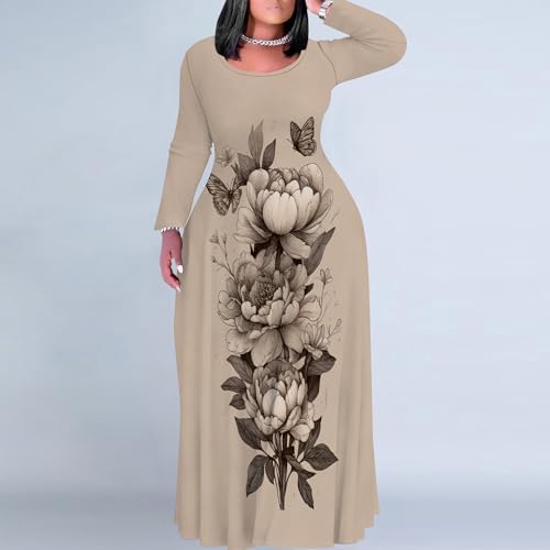 Image of PinkPatty Plus Size Maxi Dress for Curvy Women Crew Neck Long Sleeves Casual Dress Vacation Sundresses with Pockets