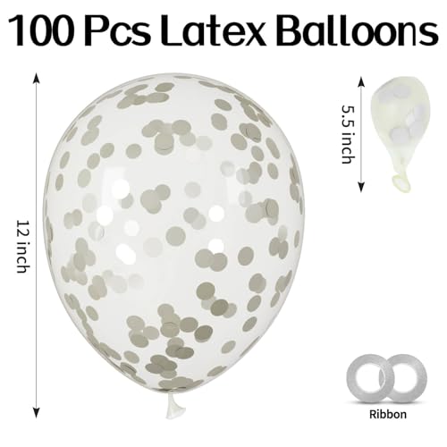 Image of 100pcs Silver Confetti Balloons 12 inch | Clear Latex balloon with Silver Confetti for Balloon Garland Arch Graduation Birthday New Years Party Decorations