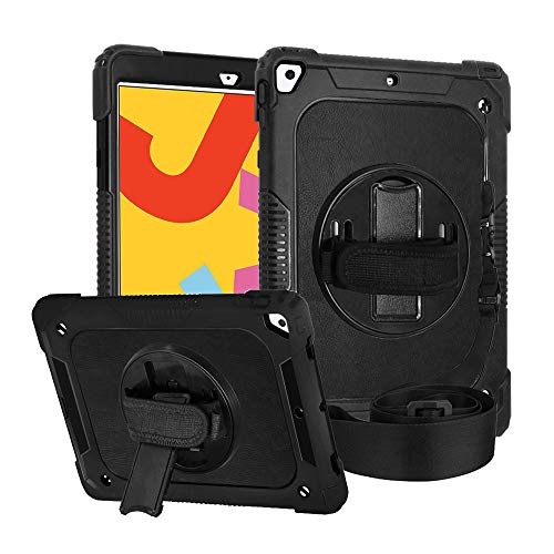 FANSONG iPad 9th 8th Generation Case 2021 Kids 10.2 inch iPad Cover 7 2019 Shockproof with Pencil Holder Rotating Stand Heavy Duty 2020 2021 New Apple iPad Gen 7 8 9 Rugged Case 10.2" Leather,Black