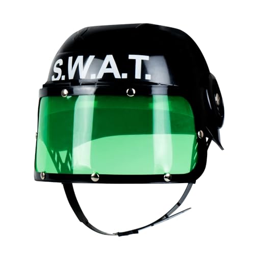 Boland - Capacete infantil de polícia, com correia para o queixo, viseira verde dobrável, disfarce, carnaval, festa temática, cor preta