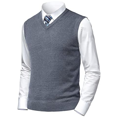 Herothorn Mens Soft Knitted Sweater Vest Solid V-Neck Sleeveless Pullover Slim Fit Plain for Dad Husband, V-dark Grey, Small Cover